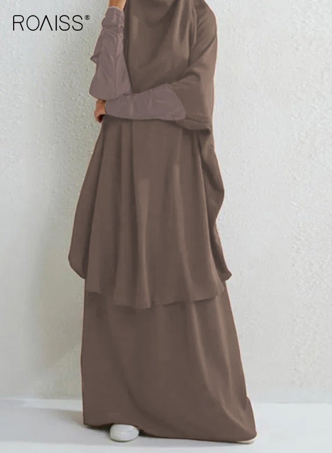 roaiss Women's Traditional Wear Loose Suit Casual Hooded Large Hem Circumference Solid Color Gown 2 Piece Classic National Worship Long Sleeve One-Piece Headscarf Abaya Dress Brown - Image 1